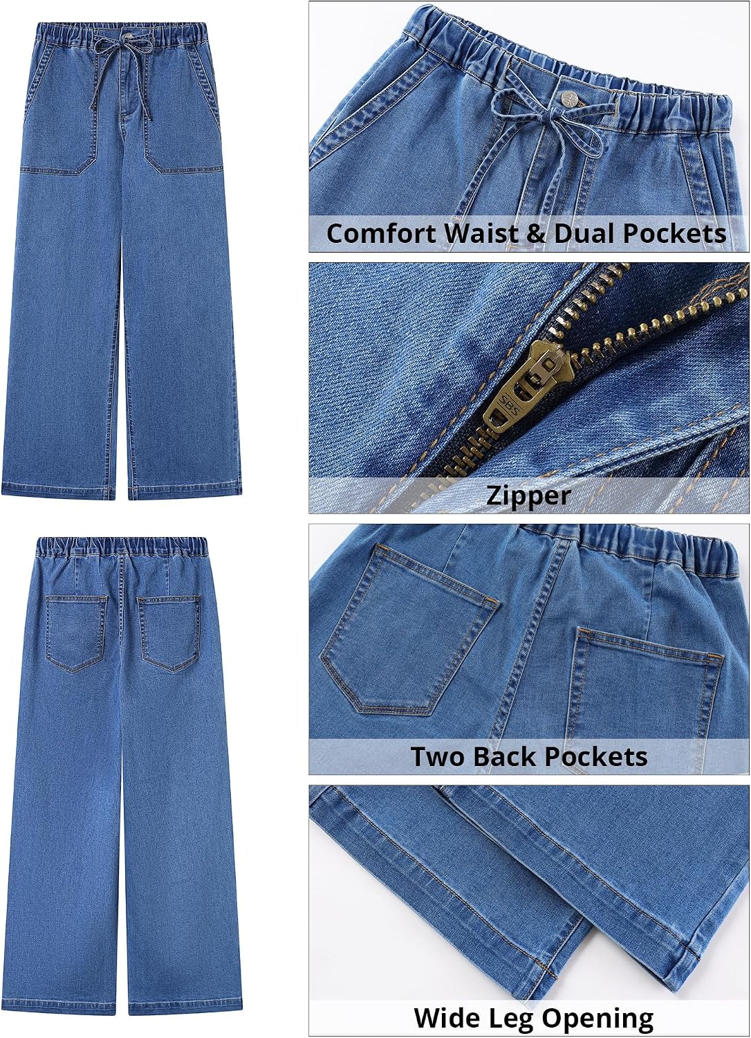 GRAPENT Wide Leg Jeans for Women Trendy High Waisted Drawstring Tie Elastic Waist Stretchy Denim Pants Trouser Jeans