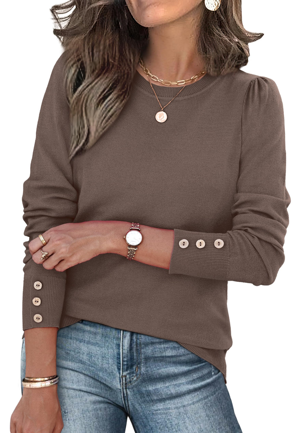 Womens Sweaters Fall Fashion 2025 Long Sleeve Button Cuff Soft Knit Pullover Trendy Tops Dressy Casual Blouses