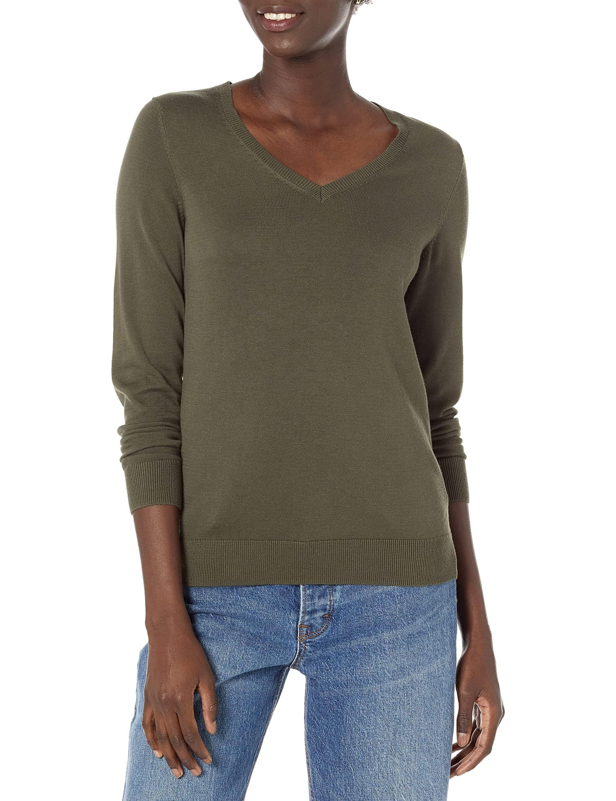 Amazon Essentials Women's Regular-Fit Lightweight Long-Sleeve V-Neck Sweater, Ribbed, Cozy Soft (Available in Plus Size)
