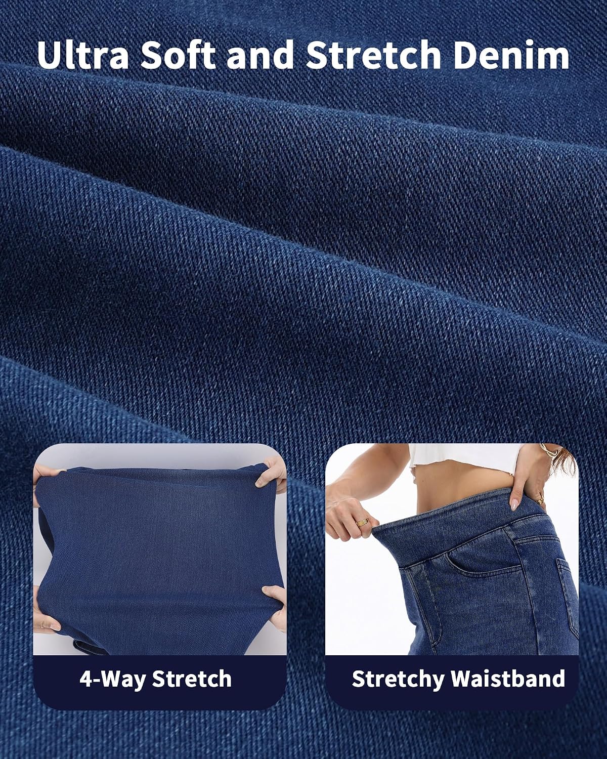 Wide Leg Pull On Jeans Womens High Rise Stretchy Jeans Denim Pants with Elastic Waist Tummy Control