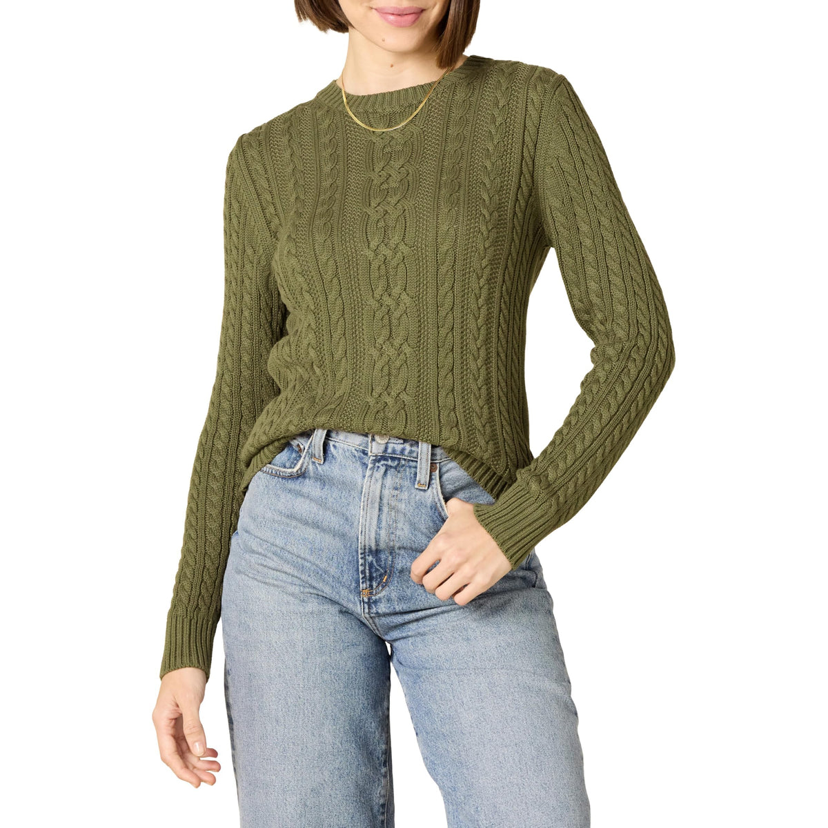 Amazon Essentials Women's Regular Fit Soft Cotton Cable Knit Ribbed Crewneck Sweater (Available in Plus Size)