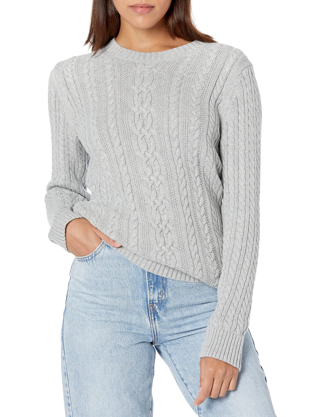 Amazon Essentials Women's Regular Fit Soft Cotton Cable Knit Ribbed Crewneck Sweater (Available in Plus Size)