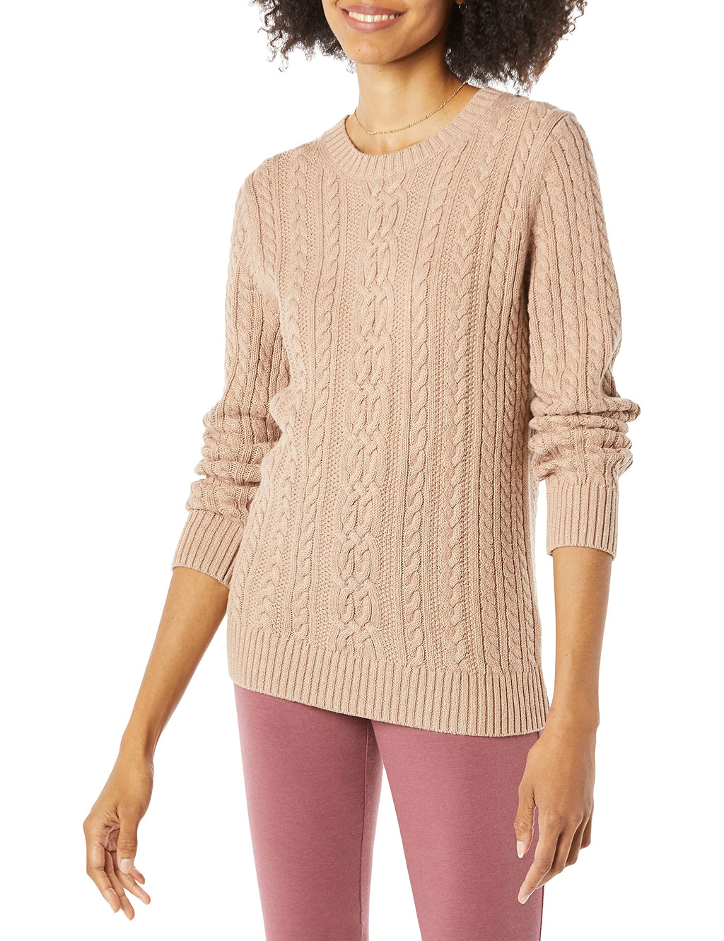 Amazon Essentials Women's Regular Fit Soft Cotton Cable Knit Ribbed Crewneck Sweater (Available in Plus Size)