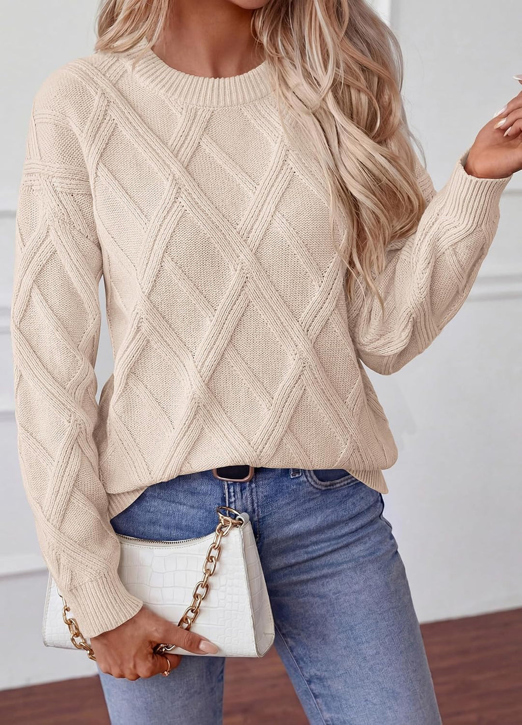 Okiwam Women's Long Sleeve Sweaters Crewneck Cable Knit Pullover